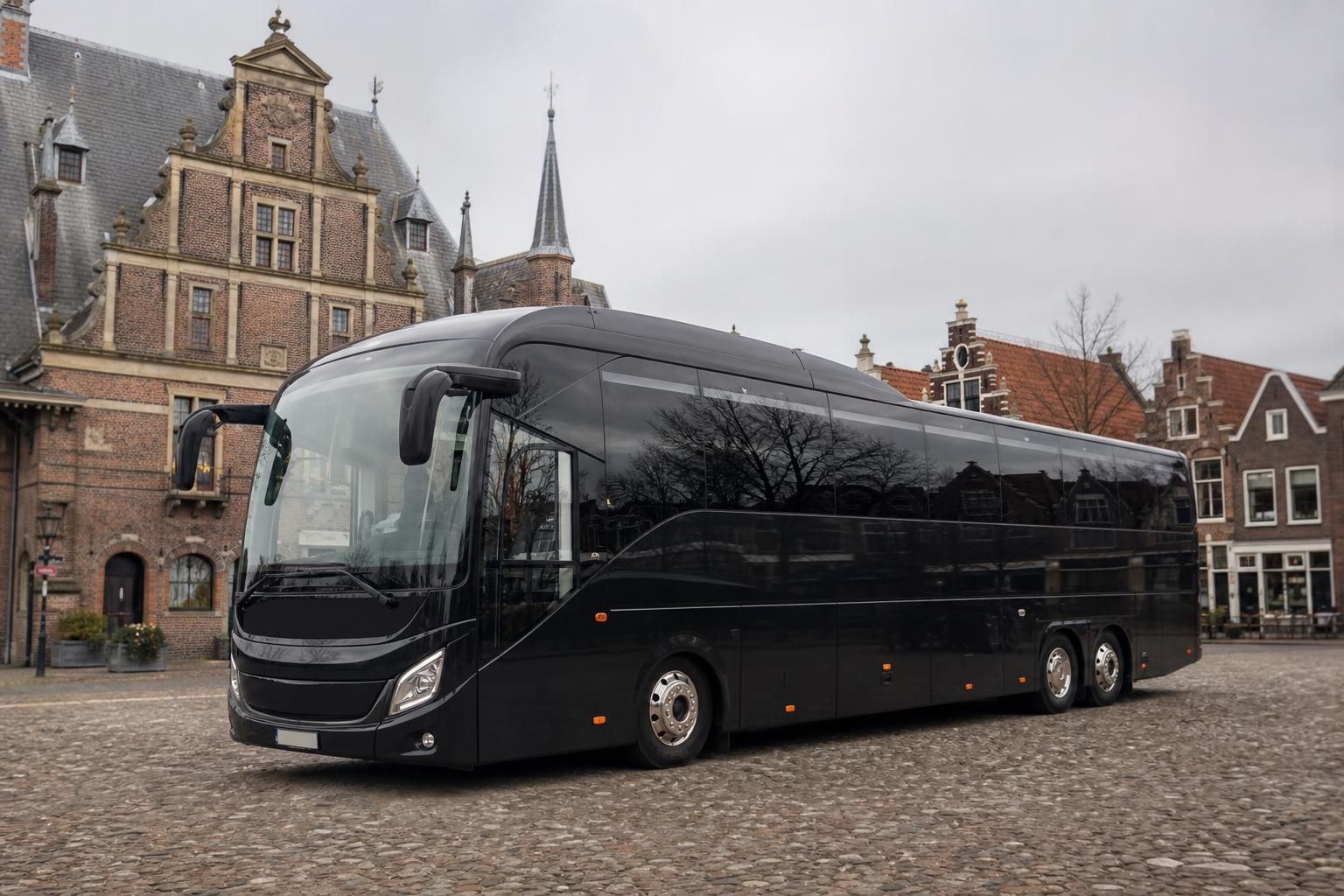 Donkerblauwe luxe touringcar voor hotel